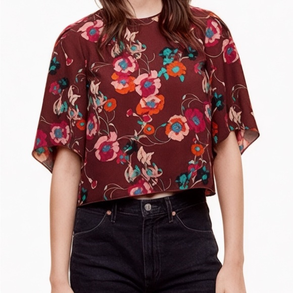 Aritzia Wilfred Burgundy Floral Tee Wide Arm Blouse Top - Picture 2 of 2
